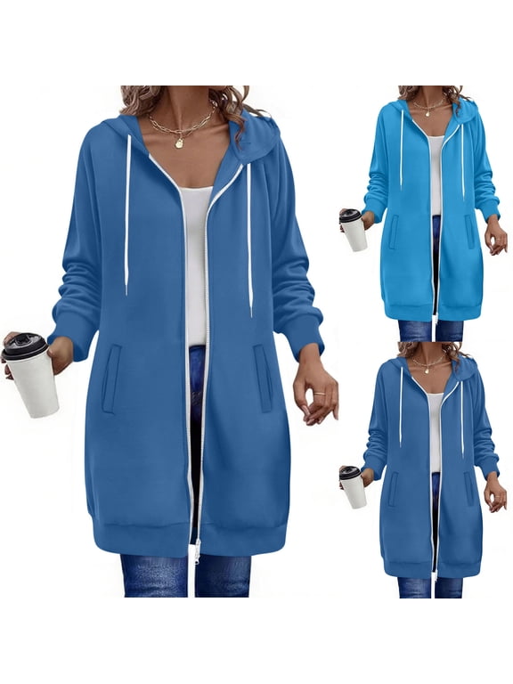 Womens Jacket Zip Up Knee Long Hoodies Sweatshirt Cardigan Tunic Coat Casual Long Sleeve Hooded Outwear with Pockets