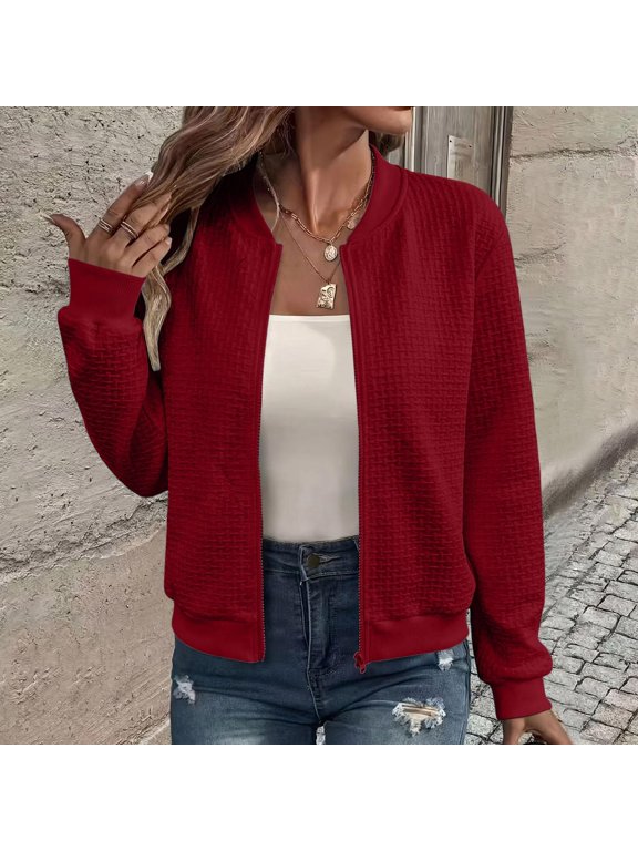 Zip Up Bomber Jacket for Women Textured Knit Stand Collar Long Sleeve Oversized Fall Winter Casual Lightweight Coat Outerwear