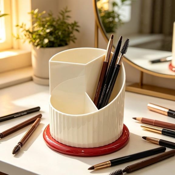 Rotating Multi-Compartment Desk Organizer with 360-Degree Base and Stable Sturdy Construction, Versatile Storage Caddy for Office Supplies, Home Workstations, and Makeup Brush Sets.