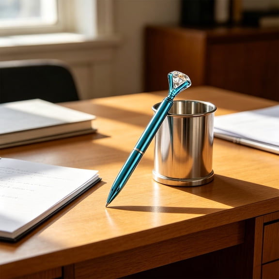 Rotating Core Ballpoint Pen with Shiny Metallic Finish and Crystal Diamond Top, Decorative Writing Tool for Office Desks, Home Workspaces, and Gift Giving.