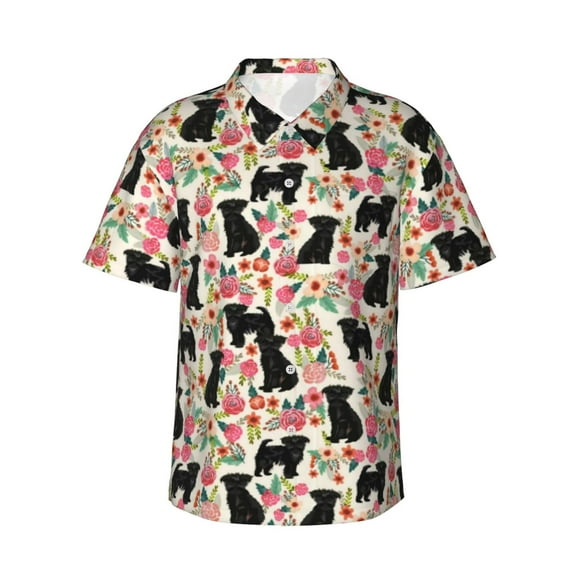 Affenpinscher Dog Floral Flower Men'S 3d Print Casual Button Down Shirts, Novelty Hawaiian Short Sleeves S