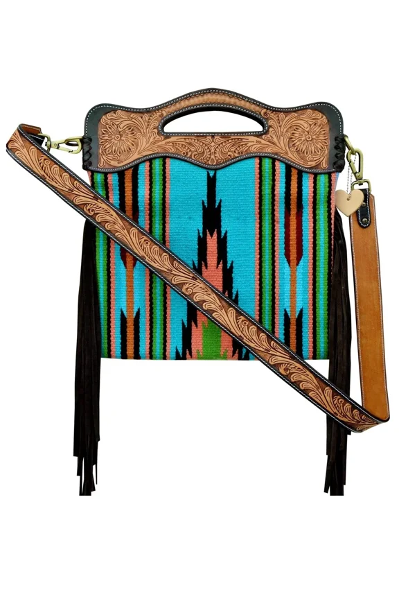 Crossbody Saddle Blanket Bag with Hand-Tooled Strap, Fringes & Handle