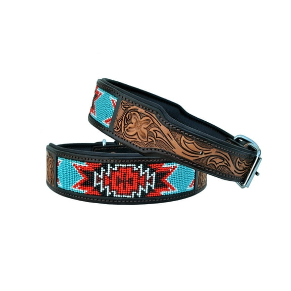 Affilare Genuine Leather Dog Collar Western Style Beaded Dog Collar Hand Tooled and Padded for Extra Comfort 10AB008-Extra Small