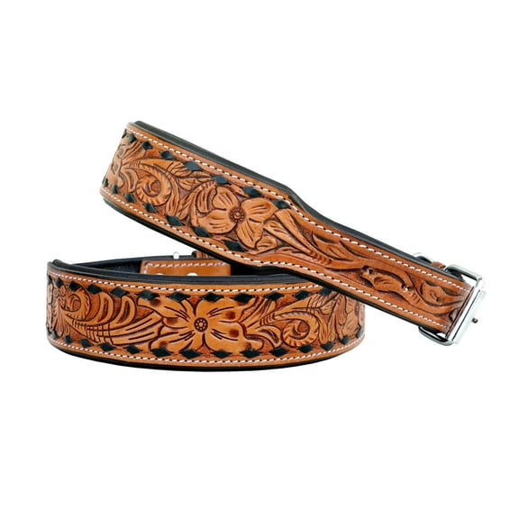 Affilare Leather Dog Collar Western Style Heavy Duty Hand Tooled Adjustable Padded Soft for Puppies and Big Dogs 10AB114-L