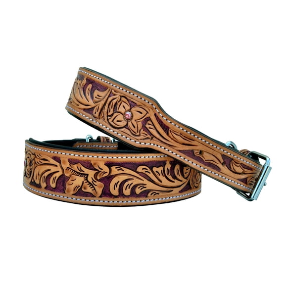 Affilare Leather Dog Collar Western Style Heavy Duty Hand Tooled Adjustable Padded Soft for Puppies and Big Dogs 10AB118-S
