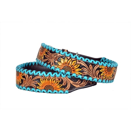 Affilare Leather Dog Collar Western Style Heavy Duty Sunflower Tooled Floral Padded for Puppies and Big Dogs 10IS105-S