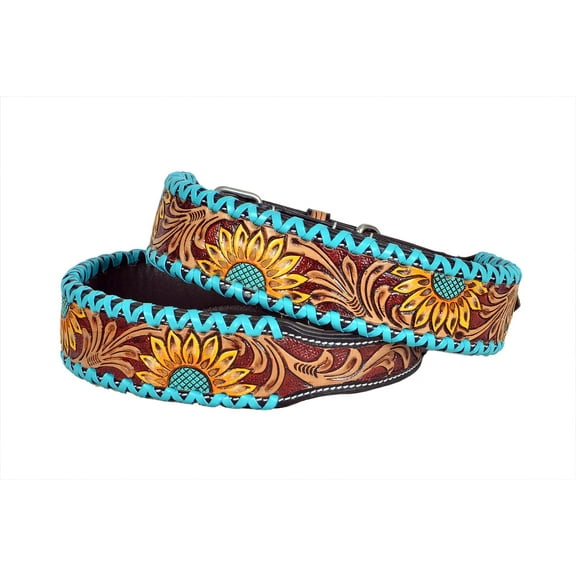 Affilare Leather Dog Collar Western Style Heavy Duty Sunflower Tooled Floral Padded for Puppies and Big Dogs 10IS106-L