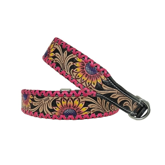 Affilare Leather Dog Collar Western Style Heavy Duty Tooled Sunflower Floral Padded for Comfort 10IS108-XS