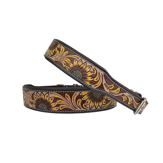 Affilare Leather Dog Collar Western Style Heavy Duty Tooled Sunflower Floral Padded for Comfort 10IS109-L