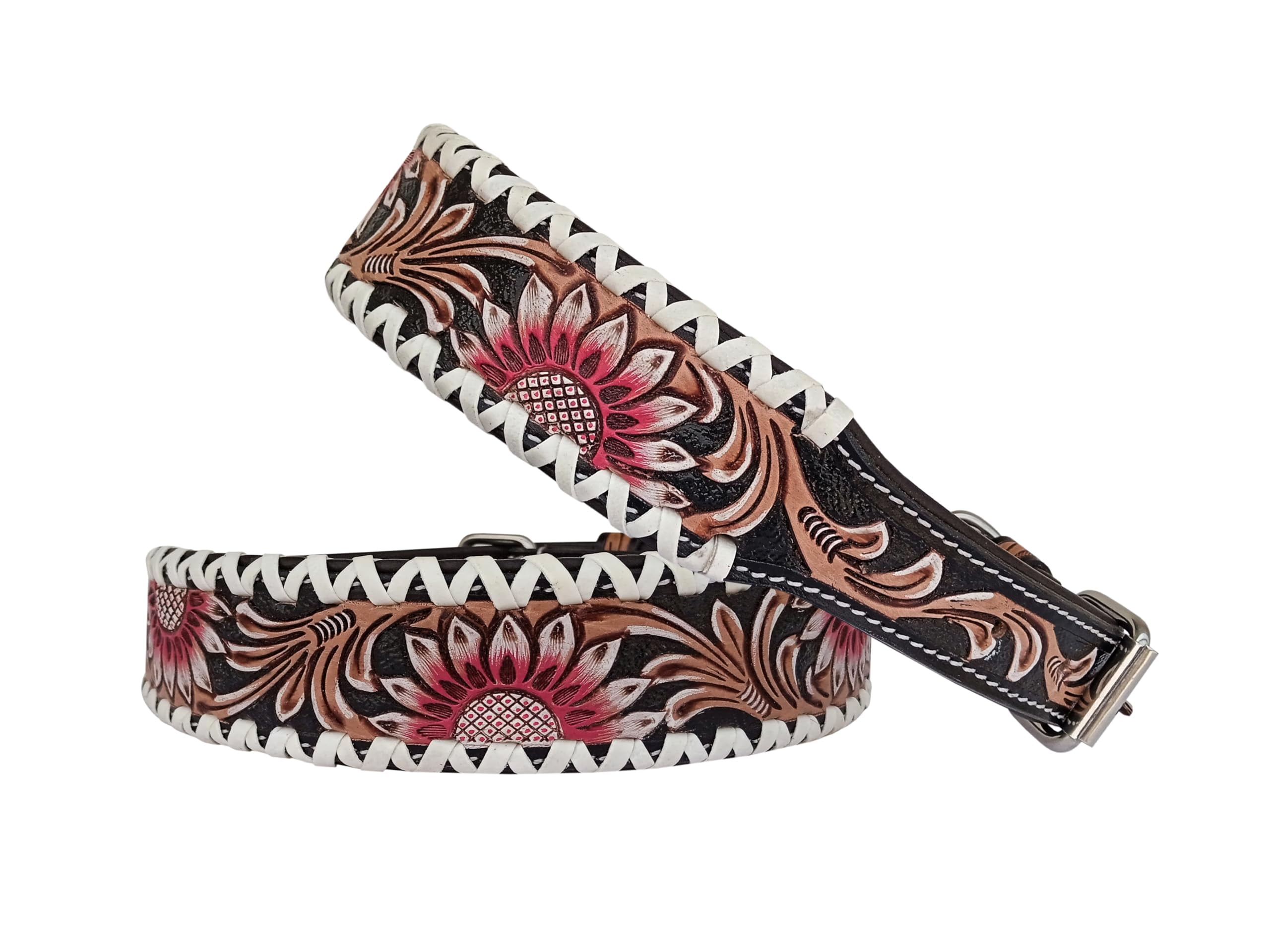 Affilare Leather Dog Collar Western Style Heavy Duty Tooled Sunflower Floral Padded for Comfort 10IS111-L