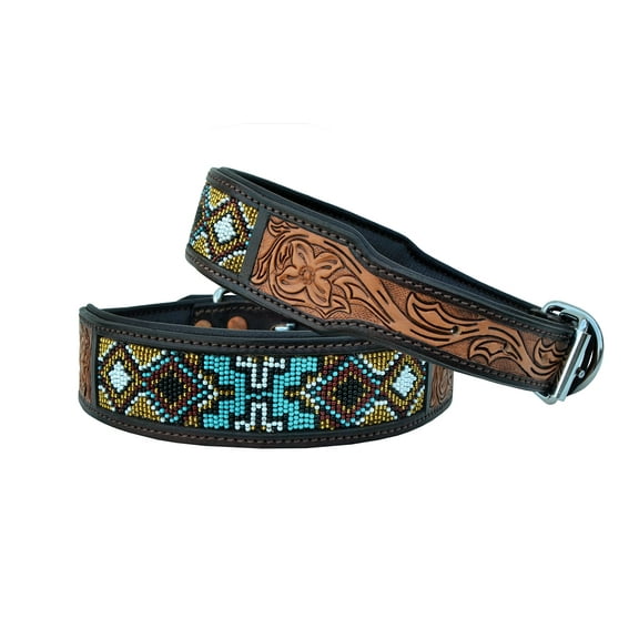 Affilare Western Style Genuine Leather Beaded Dog Collar Hand Tooled and Padded 10AB018