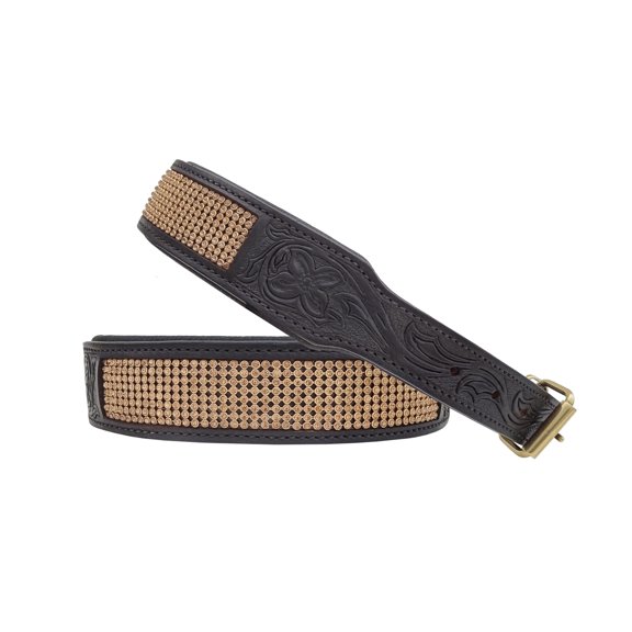 Affilare Western Tooled Leather Dog Collar Padded with Golden Rhinestones for Puppies and Big Dogs 10AB307-L