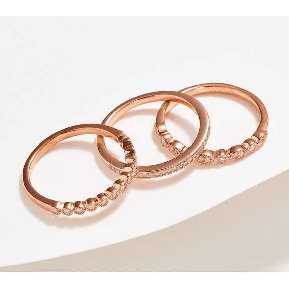 Affinity Diamond Set of 3 Rose-Clad Sterling Silver Stackable Rings Size 7