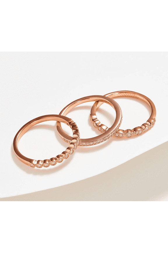 Affinity Diamond Set of 3 Rose-Clad Sterling Silver Stackable Rings Size 7