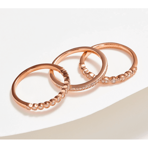 Affinity Diamond Set of 3 Rose-Clad Sterling Silver Stackable Rings Size 9