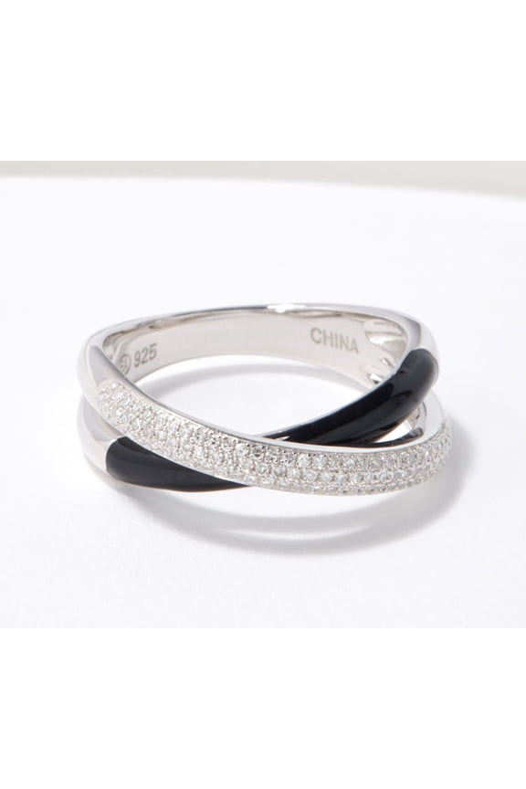 Diamonds Sterling Silver Black Enamel Bypass Ring, Size 8