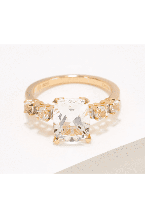 Gems Faceted Cushion Cut Gemstone & White Topaz Ring, Sterling Size 9