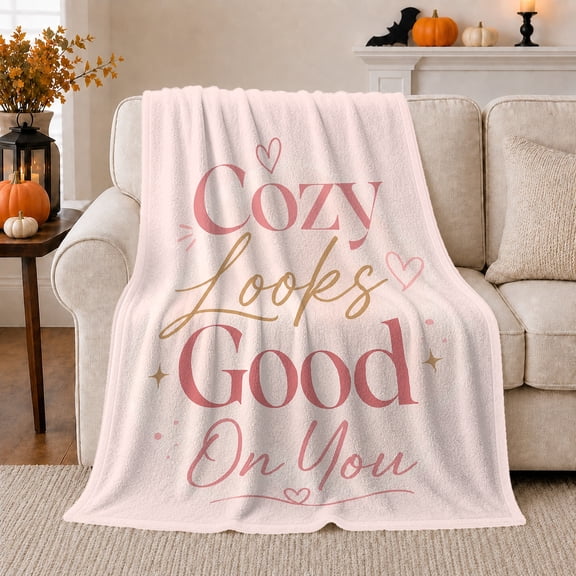 Affirmation Looks Good You Text Design Hearts Stars, Cozy Friendship Quote Scene, Warm Flannel Blanket for Living Room and Reading Nook, Art Lovers Appreciation Gift, Artistic Home Decor