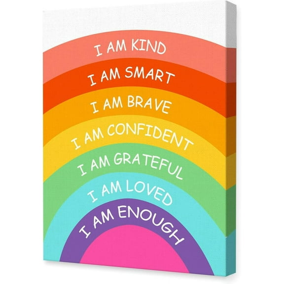 Affirmations for Kids Canvas Wall Art,I Am Kind,Brave With Rainbow Motivational Quote Artwork Painting Prints Poster Ready to Hang for Kids Teens Classroom Nursery Read Room Wall Decor,12x15 Inch Y449