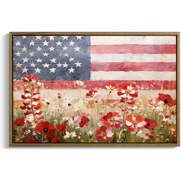 Affixzi American Flag Wall Art, Patriotic Floral Wildflower Meadow Poster Print, Vintage Rustic Landscape Wall Decor for Bedroom, Living Room, Unframed Canvas 18x12in