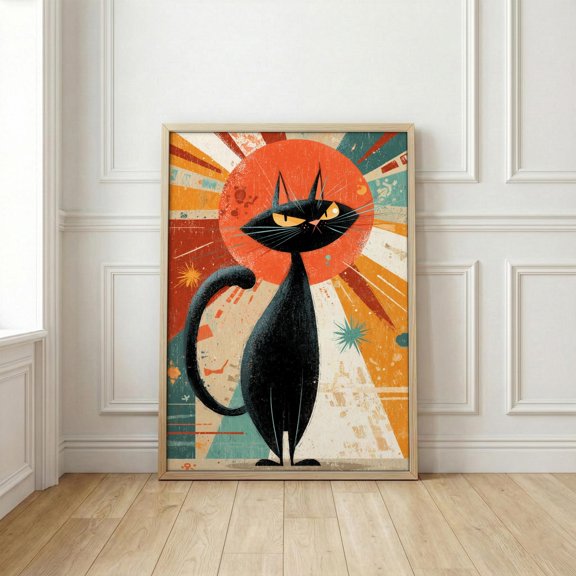 Affixzi Atomic Era Black Cat Art Print, Mid Century Modern Retro Animal Poster, Orange Teal Geometric Gallery Wall Decor for Living Room, Unframed Canvas 16x24in
