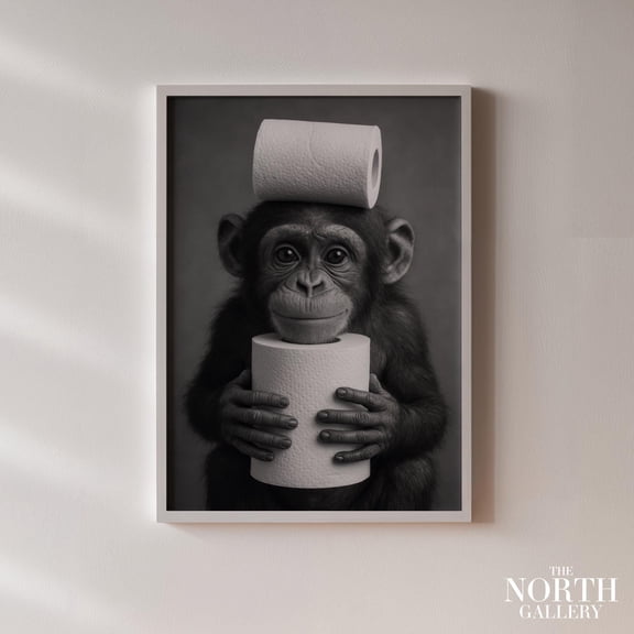 Affixzi Bathroom Wall Art Monkey Poster, Black and White Animal Bathroom Print, Decor for Restroom or Guest Bathroom, Unframed Paper Poster 12x18in