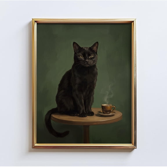 Affixzi Cafe Cat Black Cat Coffee Poster, Moody Kitchen Wall Art, Green, Unframed Paper Poster 8x12in