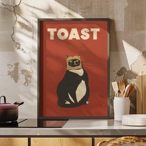 Affixzi Cat Doing Things Black Cat Bread Face Poster or Canvas Print, Cat Posters Funny Cat Kitchen Decor Retro Cat Wall Art Humorous Cat Print, Unframed Paper Poster 8x12in