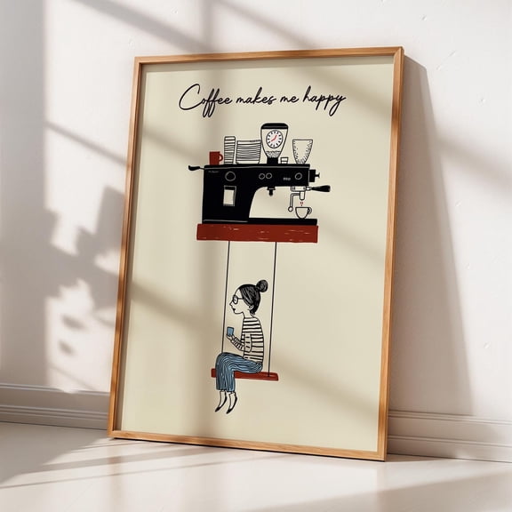 Affixzi Coffee Wall Art - Minimalist Coffee Maker Print, Modern Kitchen Decor, Espresso Machine Illustration, Coffee Lover Gift, Quirky Cafe Art, Unframed Paper Poster 8x12in