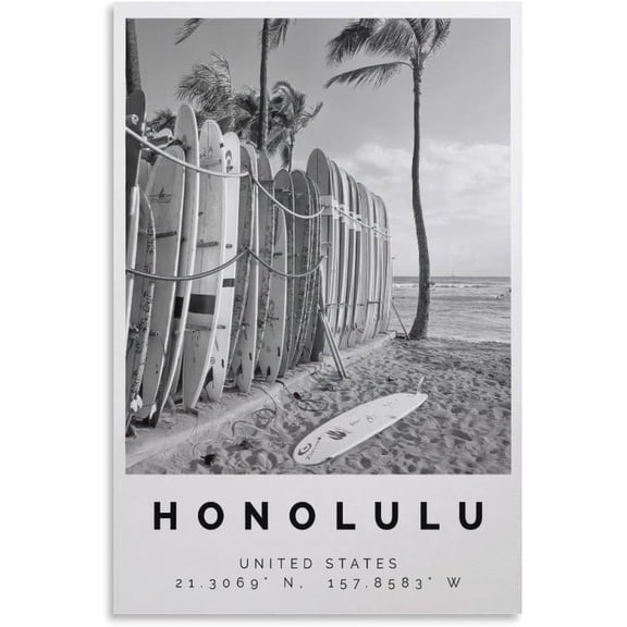 Affixzi Honolulu Poster, Black and White Surfboards Palm Trees Ocean View Wall Art, Aesthetic Decorative Living Room Restaurants Pool Halls Hotels Style, Unframed Paper Poster 8x12in