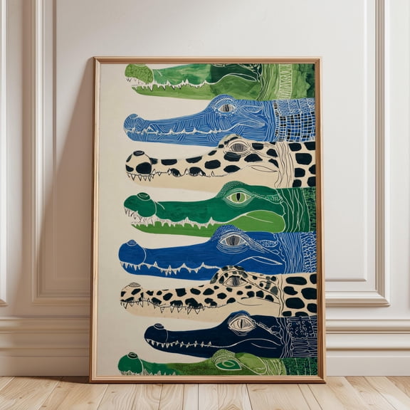 Affixzi Japandi Alligator Wall Art, Green Blue Animal Print, Bold Patterned Home Decor, Unframed Paper Poster 12x18in
