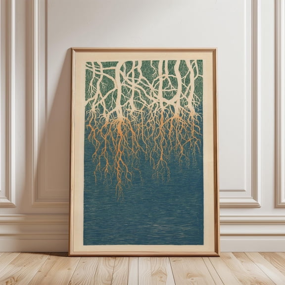 Affixzi Japanese Minimalist Blue Nature Wall Art Print - Mangrove Roots Decor, Unframed Paper Poster 8x12in