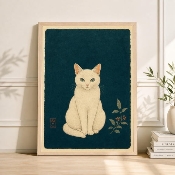 Affixzi Japanese White Cat Art Print, Teal Background, Minimalist Zen Wall Decor, Unframed Canvas 16x24in