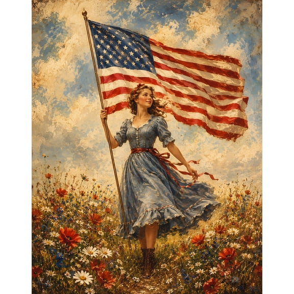 Affixzi Lady Liberty Cottagecore Patriotic Woman Flag Art Wildflower Freedom Print, Unframed Paper Poster 12x18in