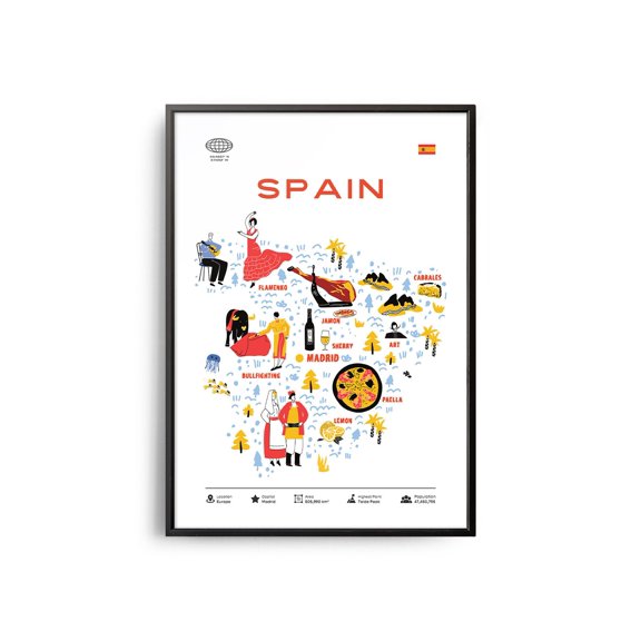 Affixzi Mid-Century Spain Map Print, Tourist Landmarks Travel Poster, Unframed Canvas 8x12in