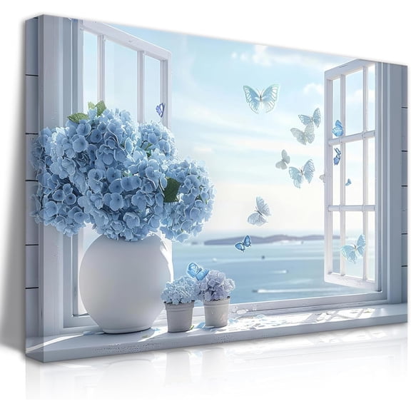 Affixzi Open Window Wall Art, Blue Hydrangea Floral Vase, Butterfly Seascape Beach Decor, Fresh Aesthetic Still Life Prints, Relaxing Inspiration Posters, Unframed Paper Poster 18x12in