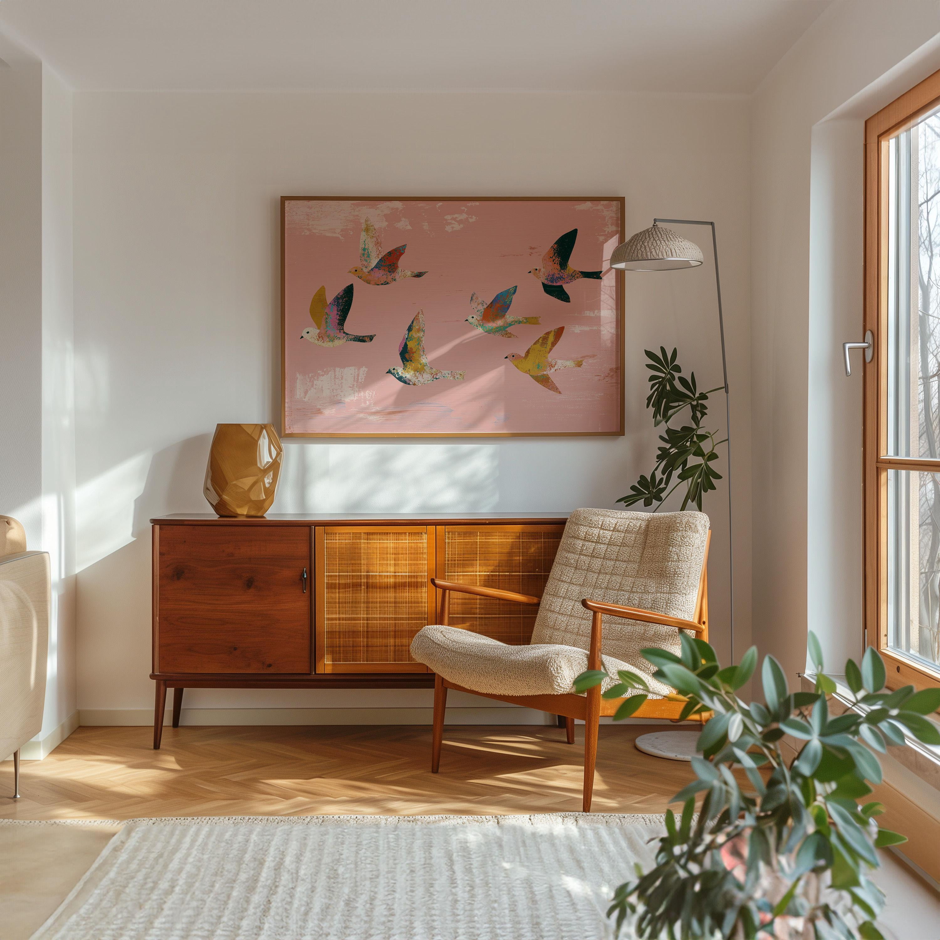 Fresh Look at Affixzi Pink Birds Art Print Abstract Pink Wall Art Minimalist