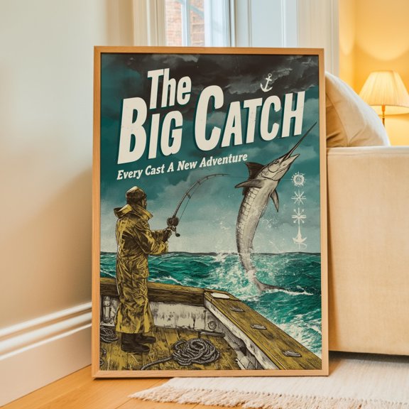 Affixzi Retro Fishing Wall Art Poster, Mid Century Man Cave Coastal Print, Vintage Marlin Fish Decor Canvas, Unframed Paper Poster 8x12in