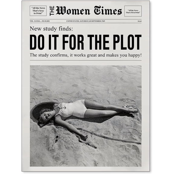 Affixzi Retro Do It for The Plot Wall Art, Trendy Black and White Canvas Poster, Vintage Woman Times Newspaper Prints, Beachy Hot Girl Wall Decor for Dorm Bedroom, Unframed Paper Poster 8x12in