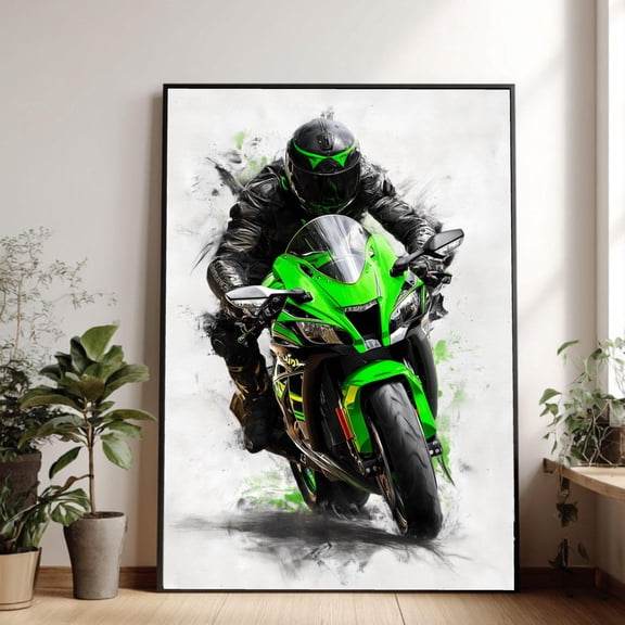 Affixzi Sport Motorcycle Wall Decor, Green Futuristic Racing Art Print, Speed Motion Poster, Unframed Paper Poster 8x12in