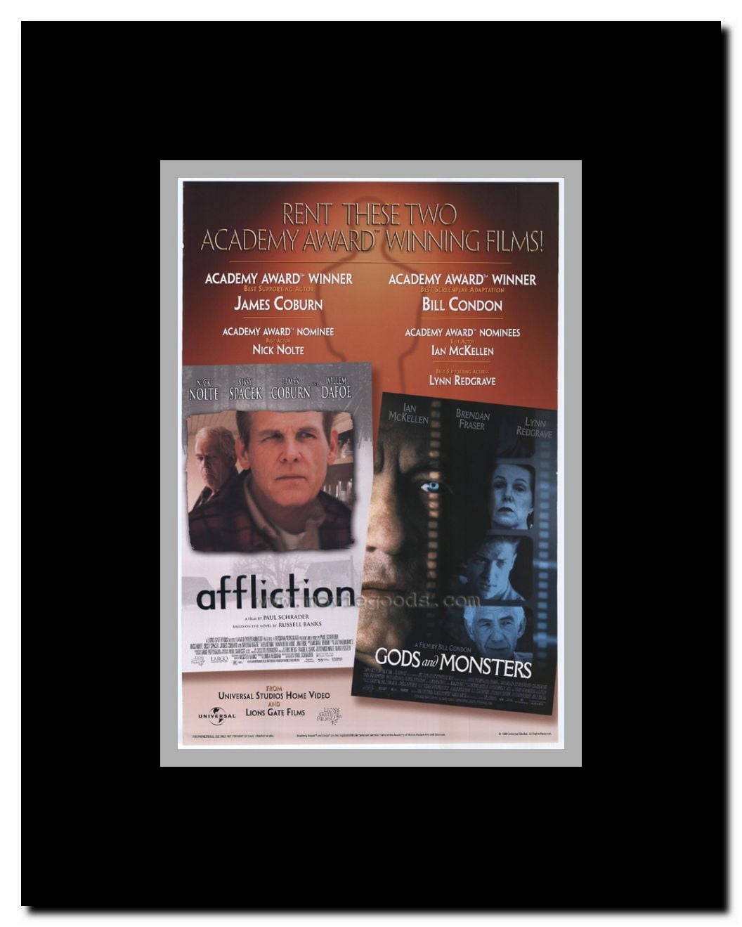 Affliction/Gods and Monsters video poster Framed Movie Poster