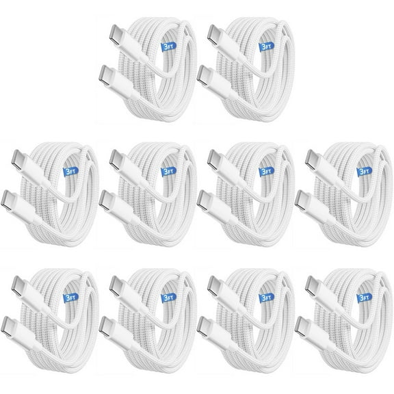 Afflux (10 Pack) 60W USB-C Fast Charger Cable Data Sync Charging Woven Braided Type C Cord Compatible with iPhone 17 / 16 / 15 Pro Max Plus Air, iPad, AirPods, Samsung Galaxy S25 S24 S23, 3ft, White