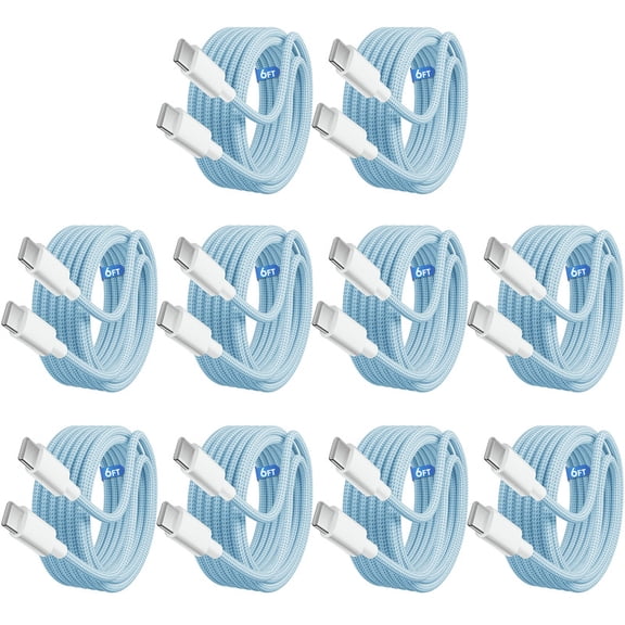 Afflux (10 Pack) 60W USB-C Fast Charger Cable Data Sync Charging Woven Braided Type C Cord Compatible with iPhone 17 / 16 / 15 Pro Max Plus Air, iPad, AirPods, Samsung Galaxy S25 S24 S23, 6ft, Blue