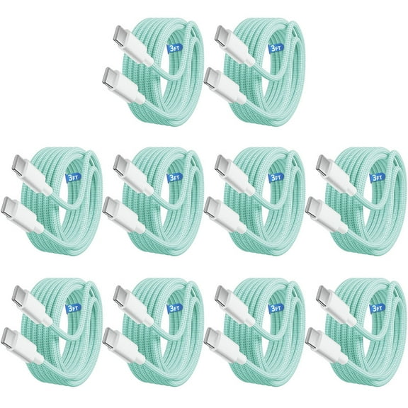 Afflux (10 Pack) 60W USB-C Fast Charger Cable Data Sync Charging Woven Braided Type C Cord Compatible with iPhone 17 / 16 / 15 Pro Max Plus Air, iPad, AirPods, Samsung Galaxy S25 S24 S23, 3ft, Green