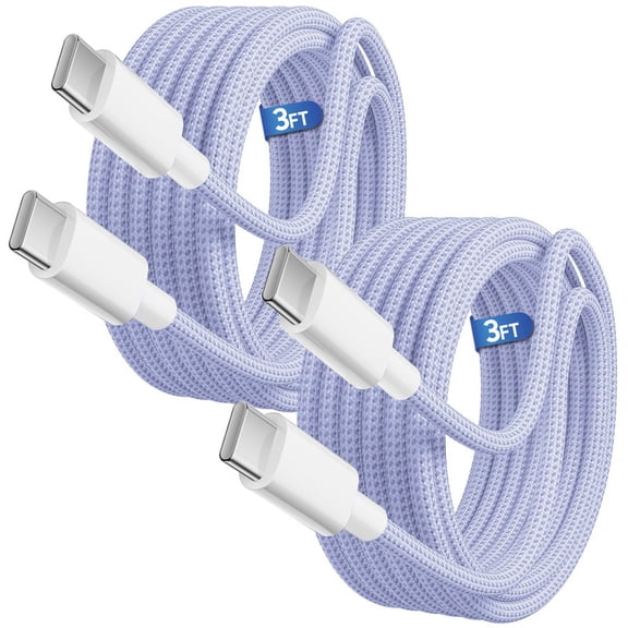 Afflux (2 Pack) 60W USB-C Fast Charger Cable Data Sync Charging Woven Braided Type C Cord Compatible with iPhone 17 / 16 / 15 Pro Max Plus Air, iPad, AirPods, Samsung Galaxy S25 S24 S23, 3ft, Purple