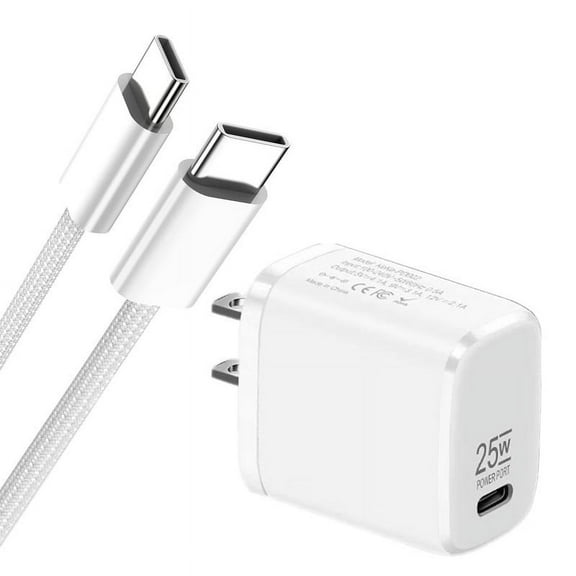 Afflux 25W USB-C PD Fast Wall Charger Power Adapter Plug + USB-C to USB-C Braided OEM Cable, 6FT, 60W Charging Compatible with iPhone 15 Pro Max / 15 Pro / 15 Plus, Galaxy S24 S23 S22 S21 Ultra, White