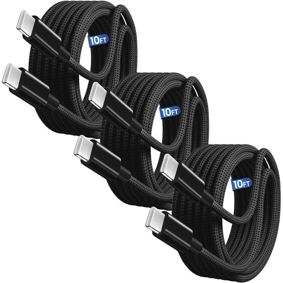 Afflux (3 Pack) 60W USB-C Fast Charger Cable Data Sync Charging Woven Braided Type C Cord Compatible with iPhone 17 / 16 / 15 Pro Max Plus Air, iPad, AirPods, Samsung Galaxy S25 S24 S23, 10ft, Black