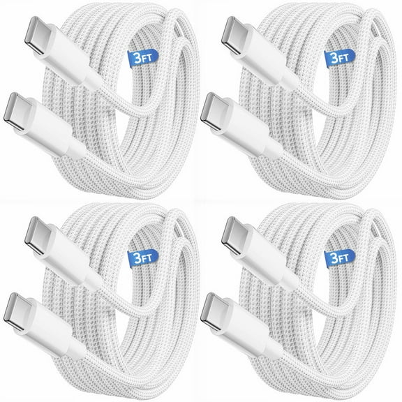 Afflux (4 Pack) 60W USB-C Fast Charger Cable Data Sync Charging Woven Braided Type C Cord Compatible with iPhone 17 / 16 / 15 Pro Max Plus Air, iPad, AirPods, Samsung Galaxy S25 S24 S23, 3ft, White
