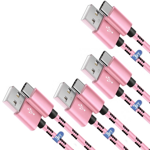 Afflux 4 Pack USB-A to USB-C Fast Charger Braided Type C Cable Compatible with iPhone 17 / 16 / 15 Pro Max Plus Air, Samsung Galaxy S25 S24 S23 Ultra, Google Pixel, iPad Pro, Universal (3ft, Pink)