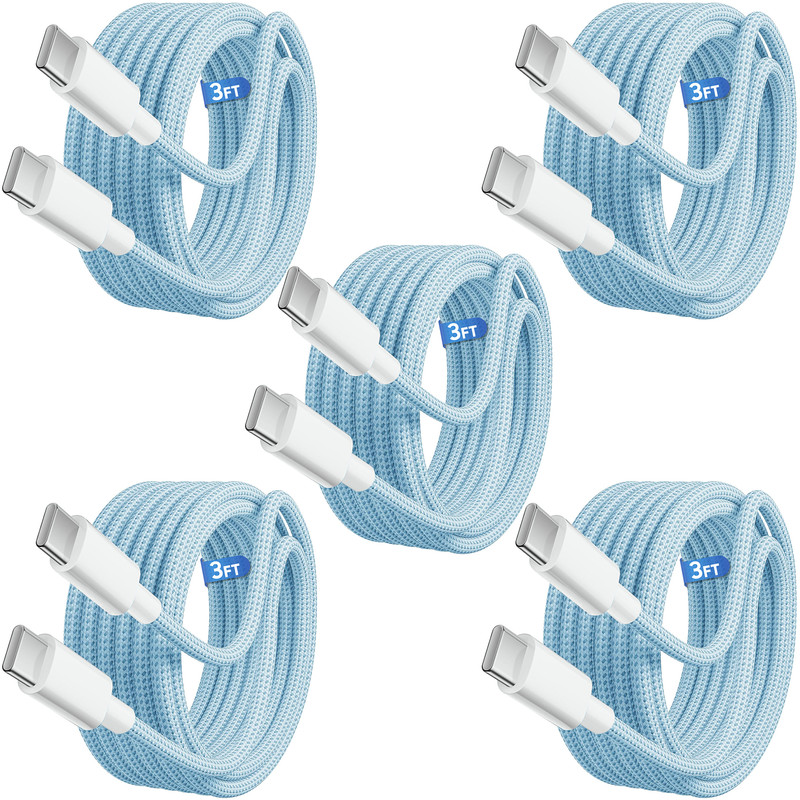 Afflux (5 Pack) 60W USB-C Fast Charger Cable Data Sync Charging Woven Braided Type C Cord Compatible with iPhone 17 / 16 / 15 Pro Max Plus Air, iPad, AirPods, Samsung Galaxy S25 S24 S23, 3ft, Blue